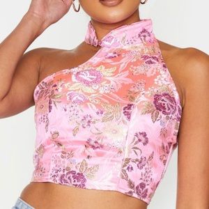 Light Pink Satin High Neck Asymmetric Crop Top